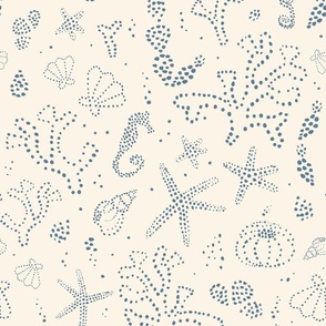 Dotty underwater scene with seaweed, seahorses, shells, admiral blue on cream ivory