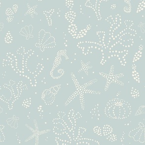 Dotty underwater scene with seaweed, seahorses, shells on Light blue tidewater