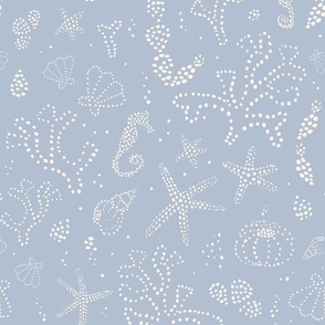 Dotty underwater scene with seaweed, seahorses, shells, blue gray