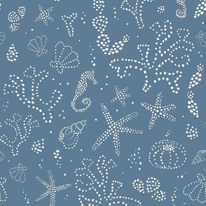 Dotty underwater scene with seaweed, seahorses, shells, admiral blue