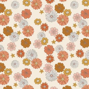 Retro Flowers – 1960s and 1970's Floral, mustard peach pink and orange on cream (12" repeat- flw3)