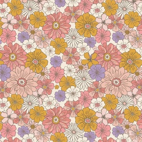 Retro Flowers – 1960s and 1970's Floral, mustard peach pink and orange on beige (12" repeat- flw5)