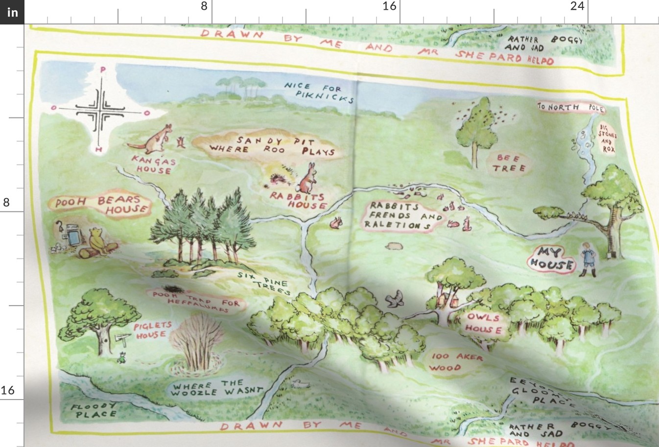 Fat Quarter 100 Acre Wood Map, Winnie-the-Pooh  27X18, Newborn Baby Lovey