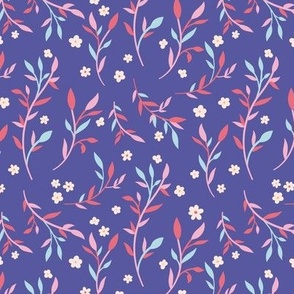 Pink and Blue Branches with Leaves and Daisy Flowers on Purple Blue
