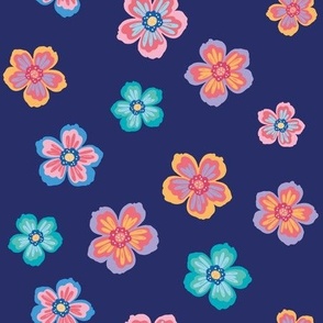 Cute Simple Hawaiian Flowers on Dark Navy Blue - pink yellow turquoise