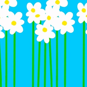 Tall Daisy Flowers Garden Rows Big White Blooms With Bright Yellow Centers And Green Stems On Fresh Summer Turquoise Retro Swiss Modern Scandi Floral Pattern