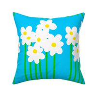 Tall Daisy Flowers Garden Rows White Blooms With Bright Yellow And Green Stems On Turquoise Retro Scandi Modern Pattern