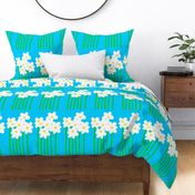 Tall Daisy Flowers Garden Rows White Blooms With Bright Yellow And Green Stems On Turquoise Retro Scandi Modern Pattern
