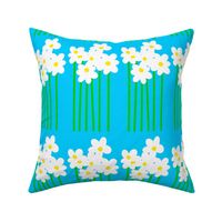 Tall Daisy Flowers Mini Garden Rows White Blooms With Bright Yellow And Green Stems On Turquoise Retro Scandi Modern Pattern
