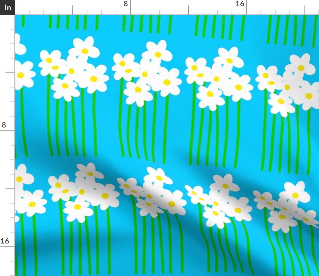 Tall Daisy Flowers Mini Garden Rows White Blooms With Bright Yellow And Green Stems On Turquoise Retro Scandi Modern Pattern