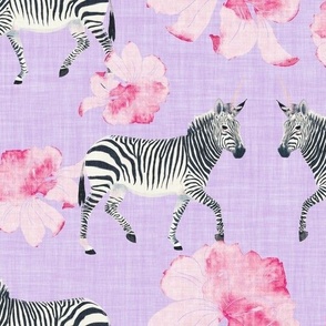 Painterly Zebras and pink Peonies in watercolor on mauve with linen texture (medium scale) 