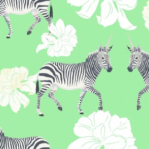 Painterly Zebras and white Peonies in watercolor on bright green with linen texture (large scale) 