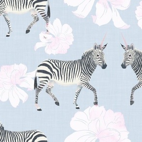 Painterly Zebras and white Peonies in watercolor on denim blue with linen texture (medium scale) 