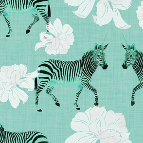Painterly Zebras and white Peonies in watercolor on dark teal with linen texture (large scale) 