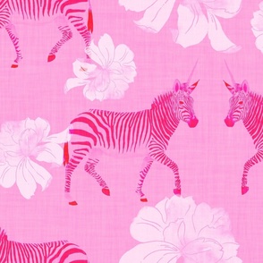 Painterly Zebras and white Peonies in watercolor on fuchsia with linen texture (large scale) 