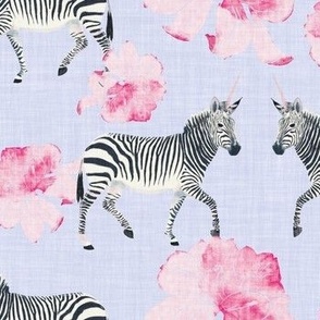 Painterly Zebras and pink Peonies on baby blue  in watercolor on with linen texture (small scale) 