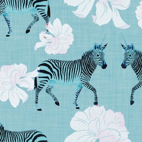 Painterly Zebras and  white Peonies in watercolor on denim blue with linen texture (large scale) 