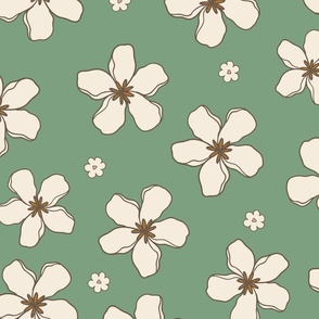 XL Retro Flowers – 1960s and 1970's Floral, vintage green (24" repeat- flw4)