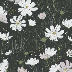 (J) Field of Cosmos | White Grey Green Hand Drawn Florals on Midnight Black | Jumbo Scale