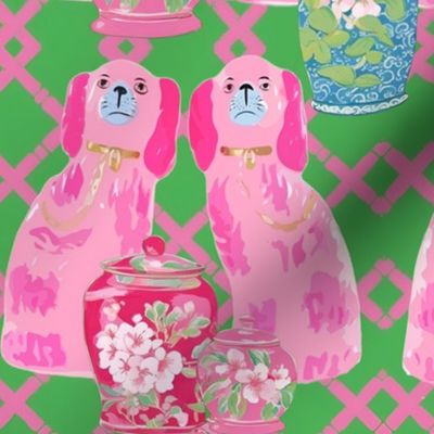 Staffordshire dogs and chinoiserie jars on pink and green lattice