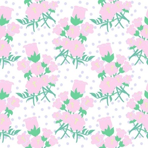 Mini Foxglove Blooms Pastel Pink, Lilac Purple And Pale Yellow On White 50’s Retro Modern Wallpaper Floral Half-Drop Pattern Written On The Wind Movie Palette