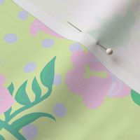 Foxglove Blooms Mini Pale Yellow With Pastel Pink, Lilac Purple On 50’s Retro Modern Wallpaper Floral Half-Drop Pattern Written On The Wind Movie Palette