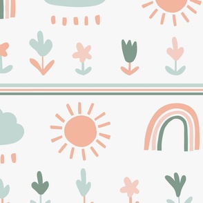 Large - Happy Skies - Forecast - Sunny Partly Cloudy - Partly Rainbows - Kids Fabric - Neutral Nursery Wallpaper - Kids Home Decor