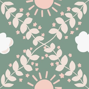 Large - Happy Skies - Look Up  - Through the Branches - Sun and Clouds - Earthy - Color Confident Nursery - Muted Green x Peach Fuzz