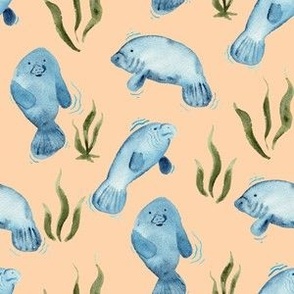 blue watercolor swimming Manatee  on - peach