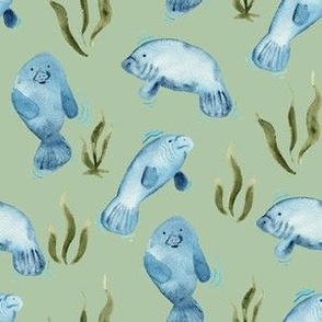 Watercolor manatees on spring green with seaweed