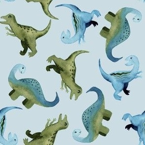 Watercolor green and blue Dinosaurs - polar sky for girls and boys