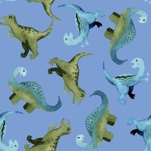 Watercolor green and blue Dinosaurs - cornflower blue for girls and boys