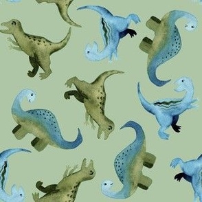 Watercolor green and blue Dinosaurs - spring green for girls and boys