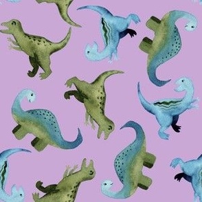 Watercolor green and blue Dinosaurs - lilac for girls and boys