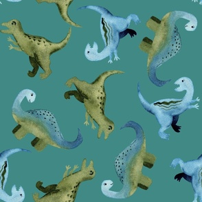 Watercolor green and blue Dinosaurs - teal for girls and boys