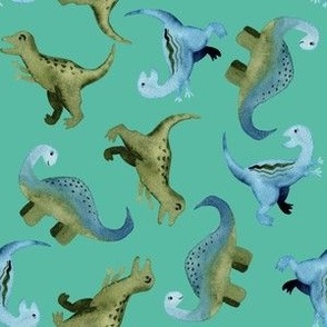 Watercolor green and blue Dinosaurs - turquoise for girls and boys