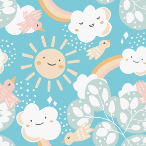 Large - Happy Skies - Sun and Clouds and Rainbows - Up in the Sky - Neutral Nursery - Retro Blue x Yellow x Pink