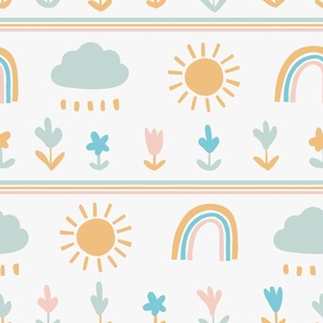 Large - Happy Skies - Forecast - Sunny Partly Cloudy - Partly Rainbows - Kids Fabric - Neutral Nursery Wallpaper - Kids Home Decor - White