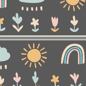 Large - Happy Skies - Forecast - Sunny Partly Cloudy - Partly Rainbows - Kids Fabric - Neutral Nursery Wallpaper - Kids Home Decor - Charcoal - Sidewalk Black - Chalkboard Black