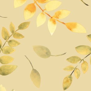Handpainted Watercolor Leaves - Warm Minimalist Botanical Print on Yellow