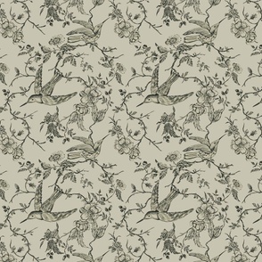 French Country Vintage Birds and Roses_charcoal and cream_Small
