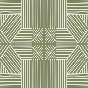 (L) Geometric Thin Lines Stripes (S) - Non-directional Mudcloth Tribal - Light Beige on Green Slate