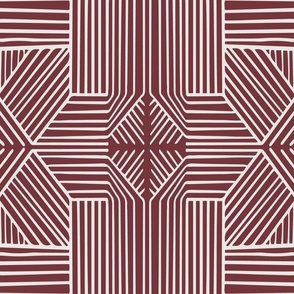 (L) Geometric Thin Lines Stripes (s) - Non-directional Mudcloth Tribal - light beige on Deep Red