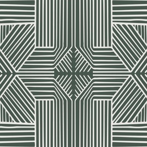 (L) Geometric Thin Lines Stripes (s) - Non-directional Mudcloth Tribal - light beige on Deep Green