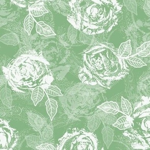 Rose Prints and Leaves w Layers on Spring Green Lace Texture