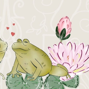 Hoppy in Love - Leap Year Frog Couple on Satin Linen White - Large Scale