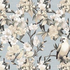 Melody Haven- Cream/White on  Seafoam-Linen-Grasscloth Wallpaper