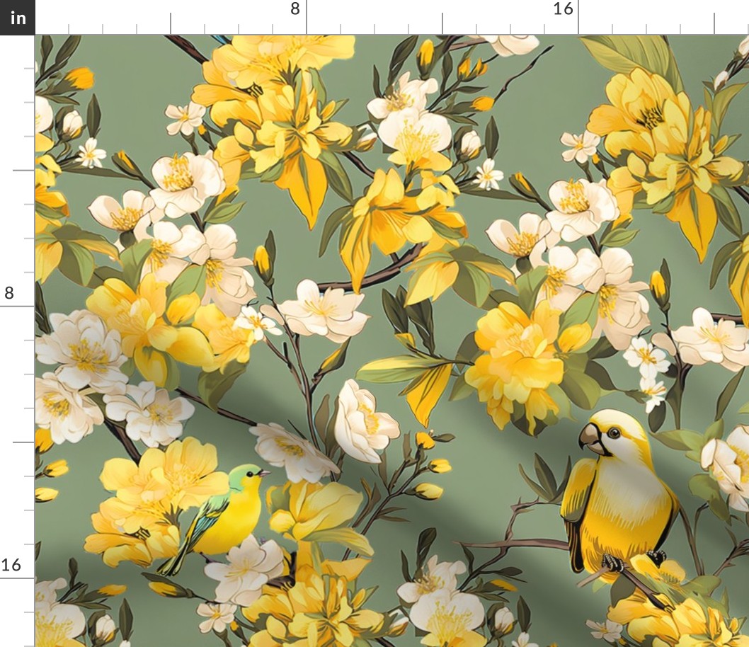 Melody Haven- Yellow/White on Moss Green Wallpaper