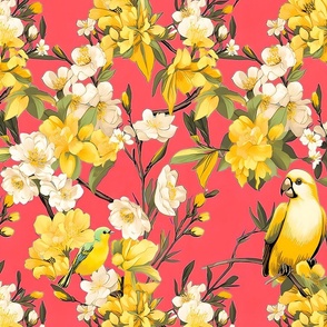 Melody Haven- Yellow/White on Deep Coral Wallpaper