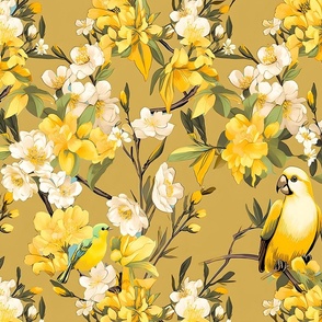 Melody Haven- Yellow/White on Golden Mustard Wallpaper